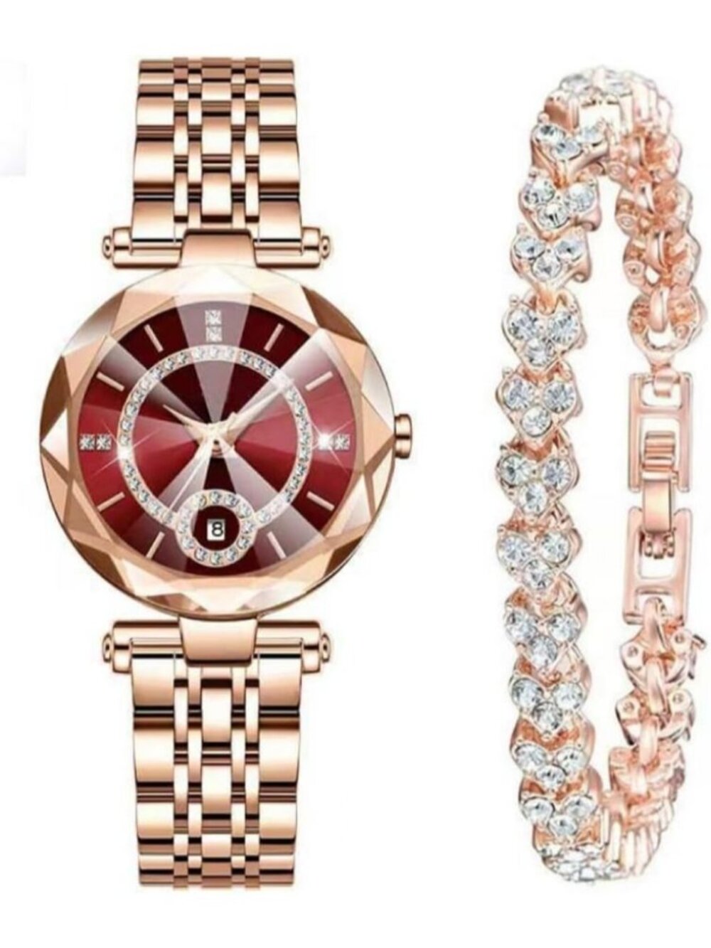 Women's Rose Red Rhinestone Bracelet Creative Stainless Steel Strap Wristwatch